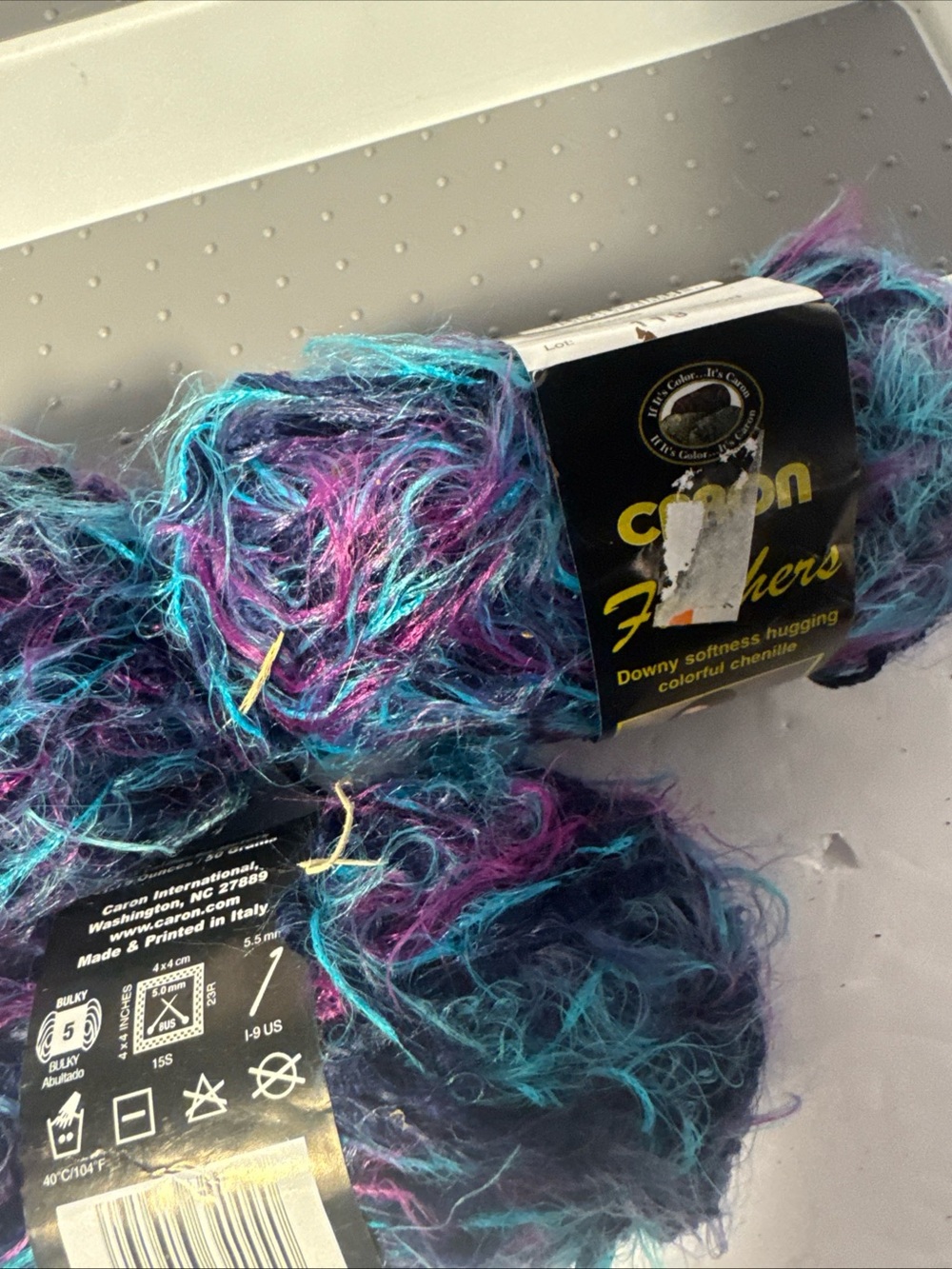 Carbon Feathered Chenille Yarn in Teal, Purple, Magenta. Lot of 3